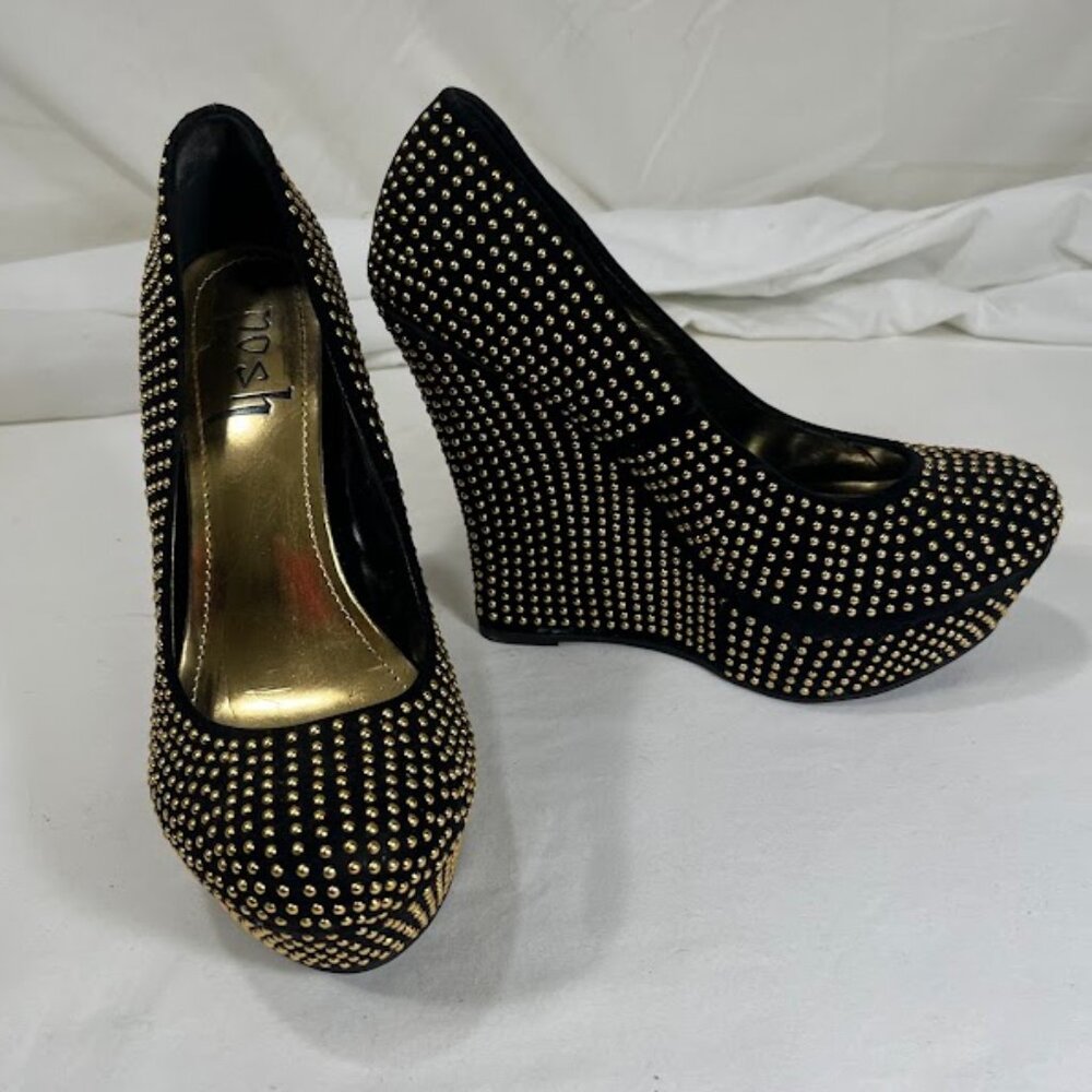 Posh Studded Wedges - Black and Gold - Size 7.5